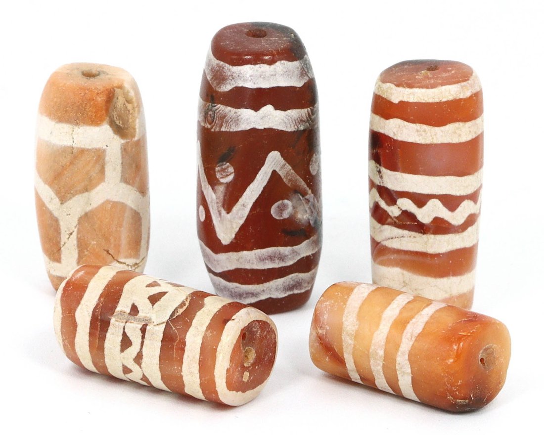 Group of 5 Medieval Himalayan Silk Road Tibetan Etched Carnelian Dzi Beads (1 of 2)
