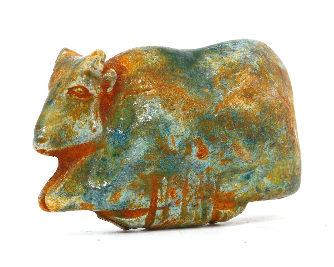 An Egyptian Guardian Faience Amulet of a Recumbent Bull (1 of 3)