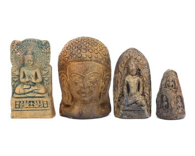 A Quartet of Asian Terracotta Buddhist Statues: This quartet of terracotta Buddhist statues, originating from Asia, is a reverent nod to the time-honored tradition of devotional artistry. The largest of the set stands at 10 by 7 centimeters, its su