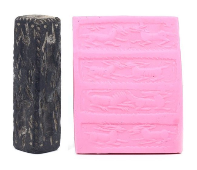 A Sasanian Black Steatite Cylinder Seal Depicting a Lion Hunt (1 of 6)