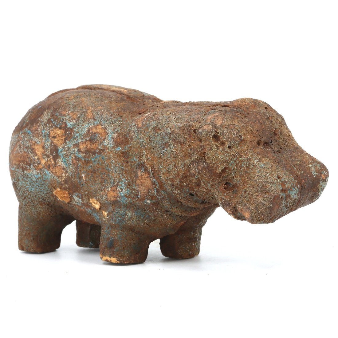 An Egyptian Glazed Terracotta Hippopotamus Statue: Behold this robust terracotta figure, a glazed representation of the mighty hippopotamus, harking back to the verdant marshlands of Egypt. At 14 cm in length, this artifact is an embodiment of the pro