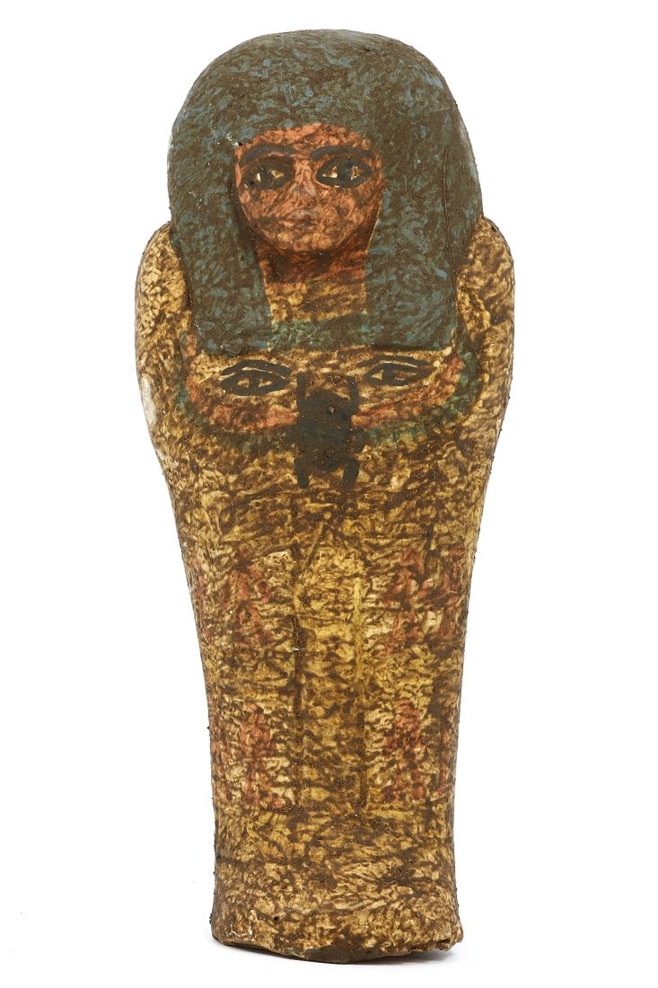 An Egyptian Guardian Ushabti in Steatite, Painted with Dedication: Dimensions: 4.61 x 1.97 inches (11.7 x 5 cm)