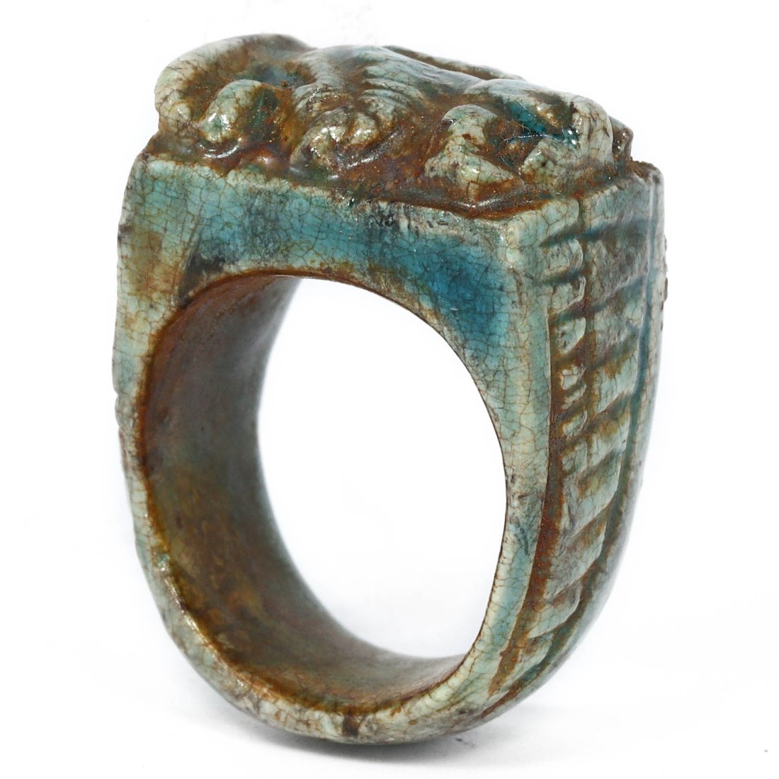 An Egyptian Glazed Steatite Ring with Baboon Motif: Dimensions: US Ring Size 9.5