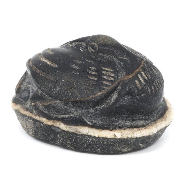 The Serene Repose of An Egyptian Duck Sculpture in Variegated Stone: Dimensions: 1.37 x 0.98 x 0.78 inches (3.5 x 2.5 x 2 cm)