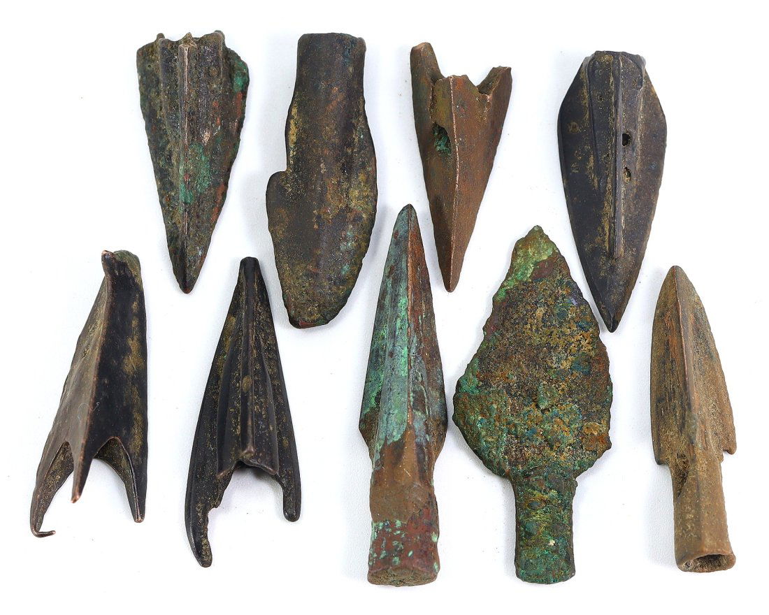 A Mixed Collection of Nine Bronze Arrowheads, Various Cultures (1 of 2)