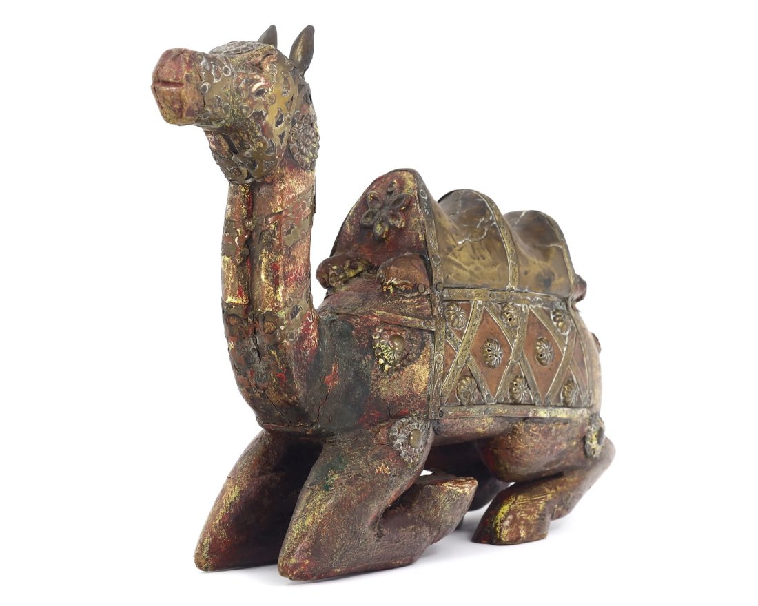 An Egyptian Ornate Brass and Wood Camel Statuette: Dimensions: 6.3 x 4.3 inches (16 x 11 cm)