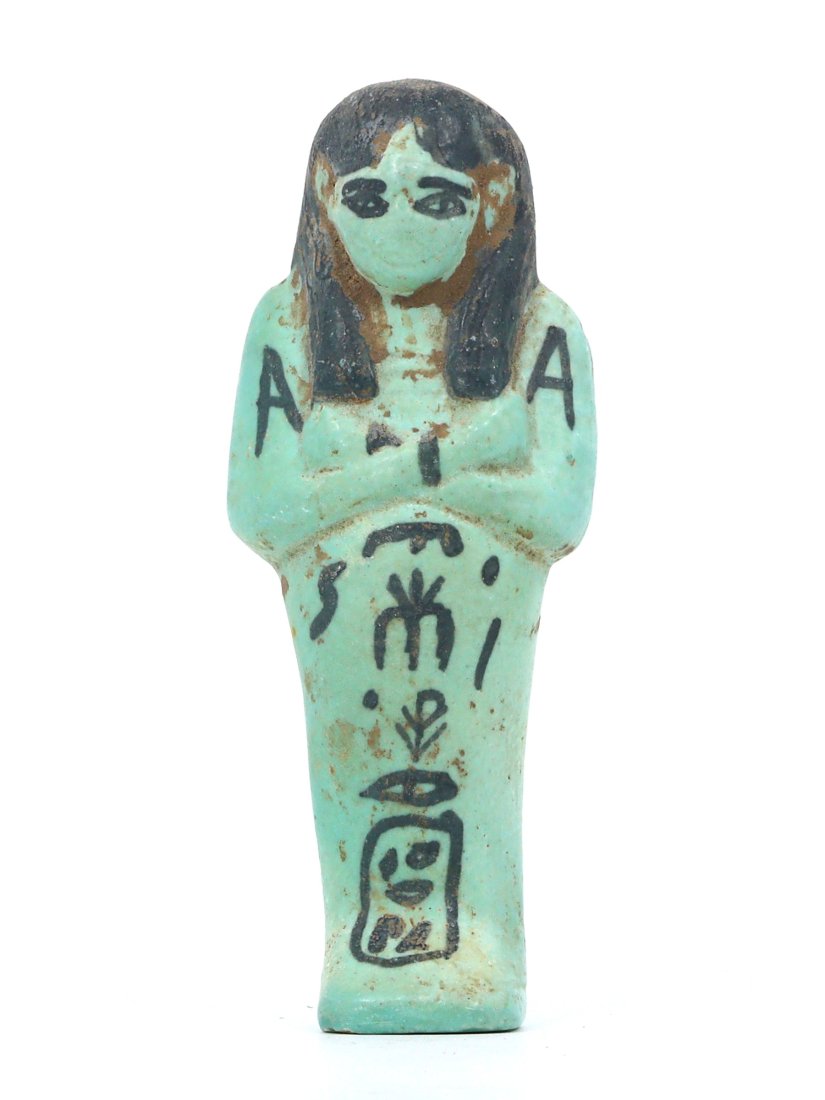 An Egyptian Faience Ushabti with Hieroglyphic Inscriptions: Dimensions: 10 x 4 cm (3.94 x 1.57 inches)