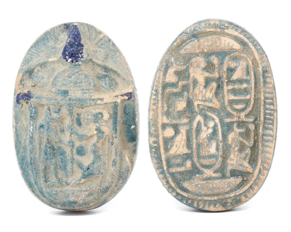 An Egyptian Faience Scarab for Nebuhetepti: Dimensions: 9 x 6 cm (3.54 x 2.36 inches)