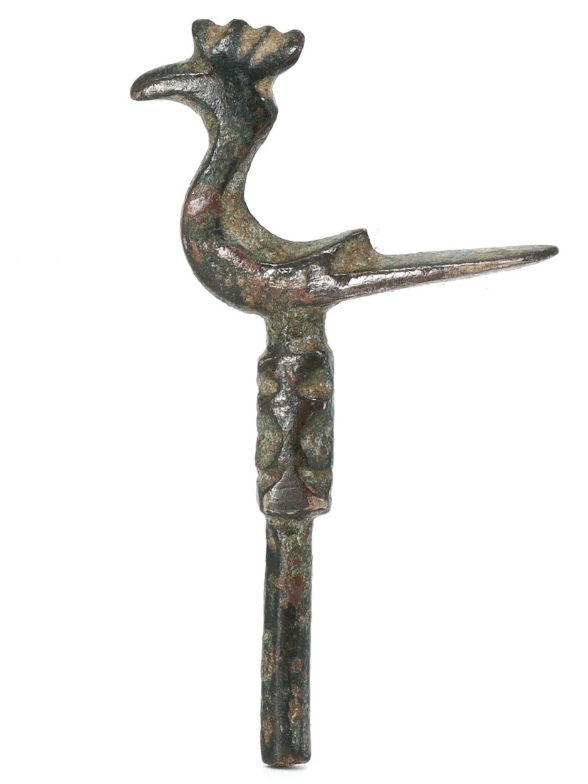 A Greek Bronze Peacock Finial, Classical Period: Dimensions: Height: 4.5 cm (1.77 inches) Width: 2.5 cm (0.98 inches)