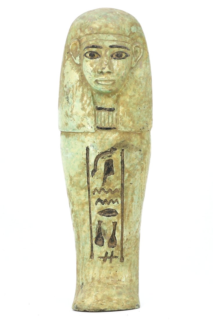 An Egyptian Glazed Steatite Ushabti with Inscriptions: Dimensions: 6.30 x 1.97 inches (16 x 5 cm)