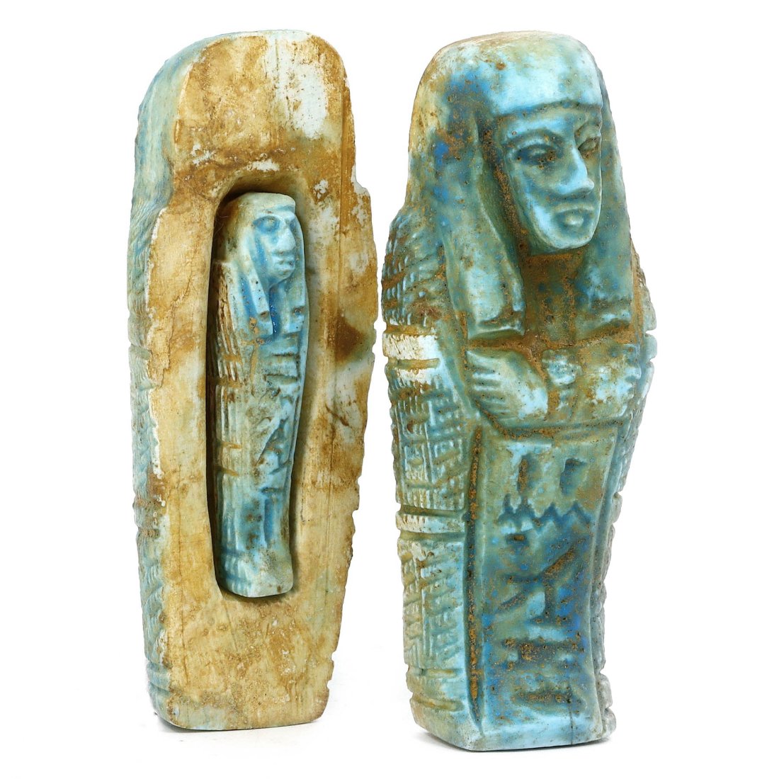 An Egyptian Glazed Stone Sarcophagus Figurine: Dimensions: 3.54 x 1.18 inches (9 x 3 cm)