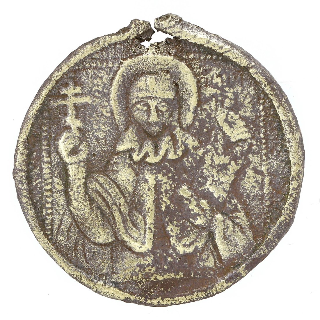 A Byzantine Bronze Medallion of the Divine Countenance: Dimension: 3.3 x 3.2 cm