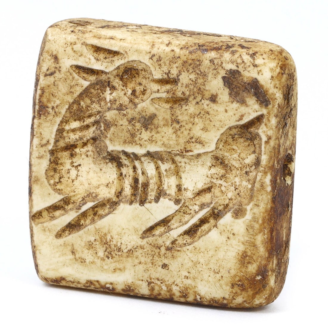 An Ancient Persian Bone Dice with Conch Carving, 1st Millennium BCE: An ancient dice from Persia, carved from bone in the 1st millennium BCE. This bifacial artifact showcases intricate carvings, with one face depicting an animal and the other featuring two dots, simila