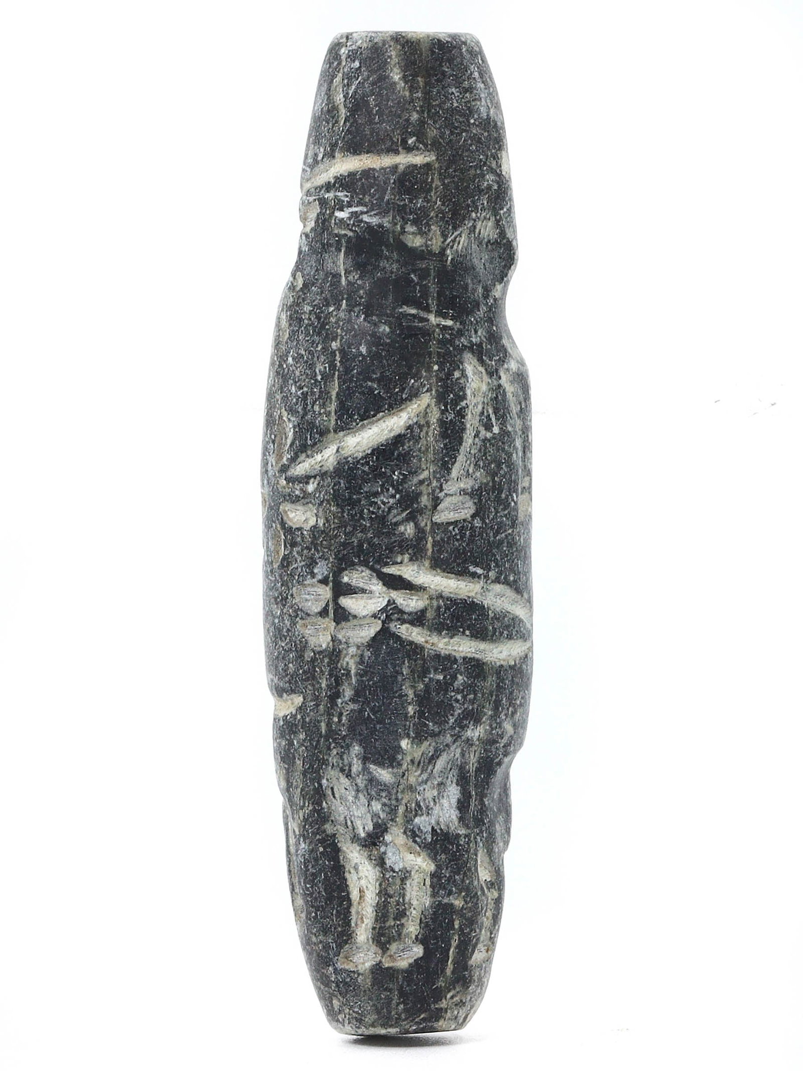 An Ancient Persian Bicone Cylinder Seal, 1st Millennium BCE: An intricately carved bicone cylinder seal from ancient Persia, this artifact bears witness to the complex administrative systems of the time. Cylinder seals were used as a form of signature and were 