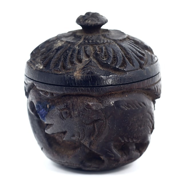 An Antique Carved Wooden Trinket Box with Elephant and Feline Motifs, 19th Century (1 of 3)
