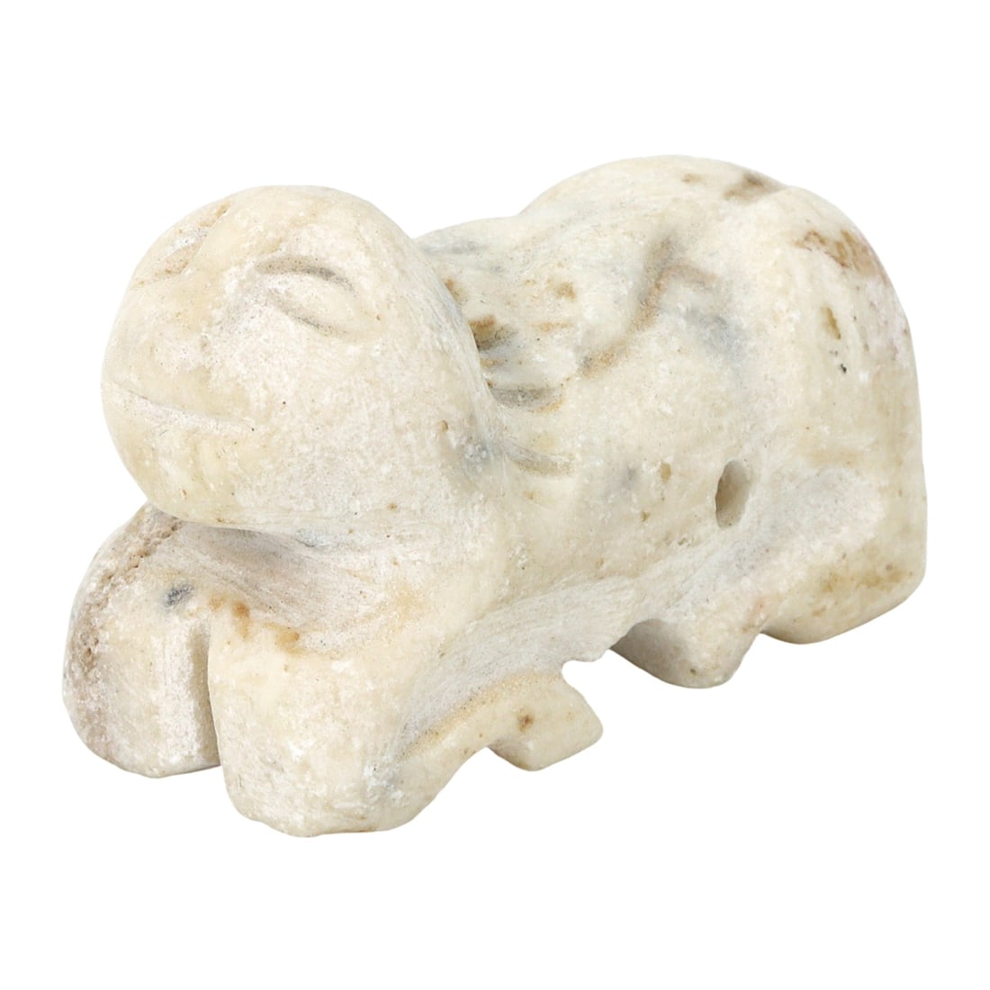 Ancient Alabaster Sphinx Amulet, Achaemenid Empire, c. 550–330 BCE: Crafted from alabaster, this sphinx amulet echoes the artistic expressions of the Achaemenid Empire, where such symbols were revered. The sphinx, embodying the power and might of the kingship, was a p