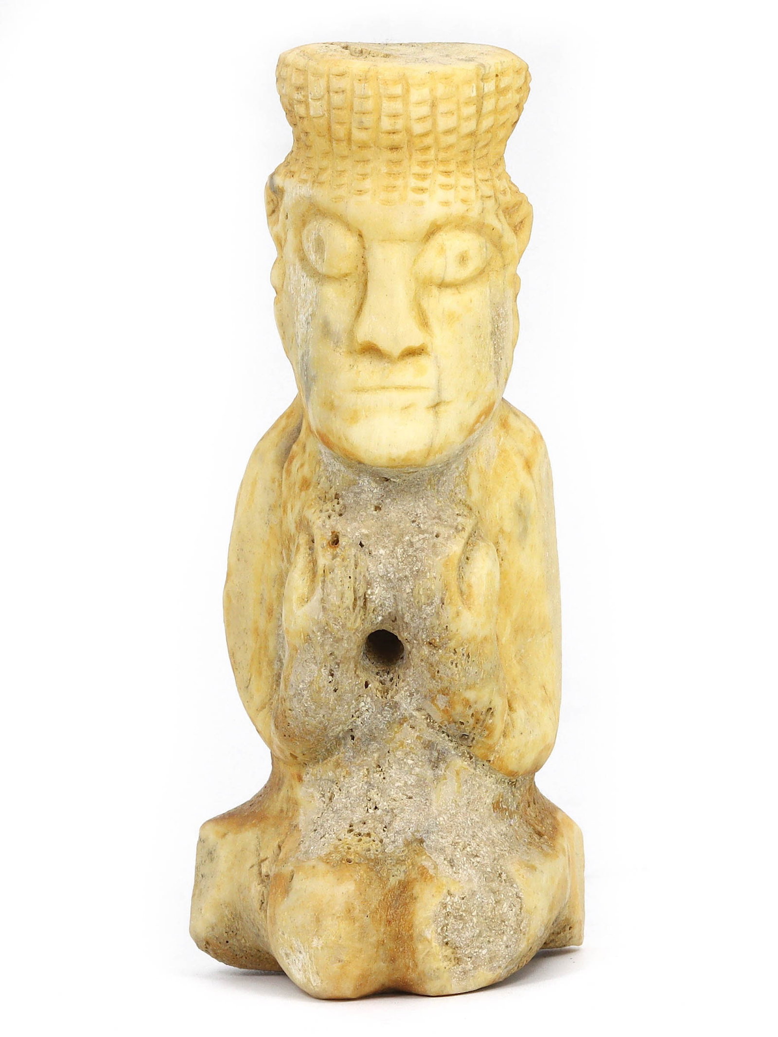 An Ancient Byzantine Egyptian Coptic Whale Bone Idol, 4th-7th Century AD: This unique Byzantine Egyptian prayer idol, carved from whale bone, provides an intimate connection to the Coptic Christian community of antiquity. The solemn expression and stylized headdress symboli
