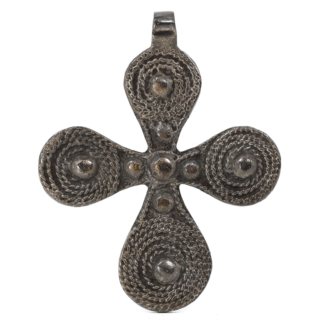 A Medieval European Bronze Cross Pendant, Circa 11th-14th Century CE: This striking cross pendant, with its dimensions of 5 x 6 cm, is a medieval European devotional object, likely from the 11th to 14th centuries CE. The form of the cross is characteristic of the period