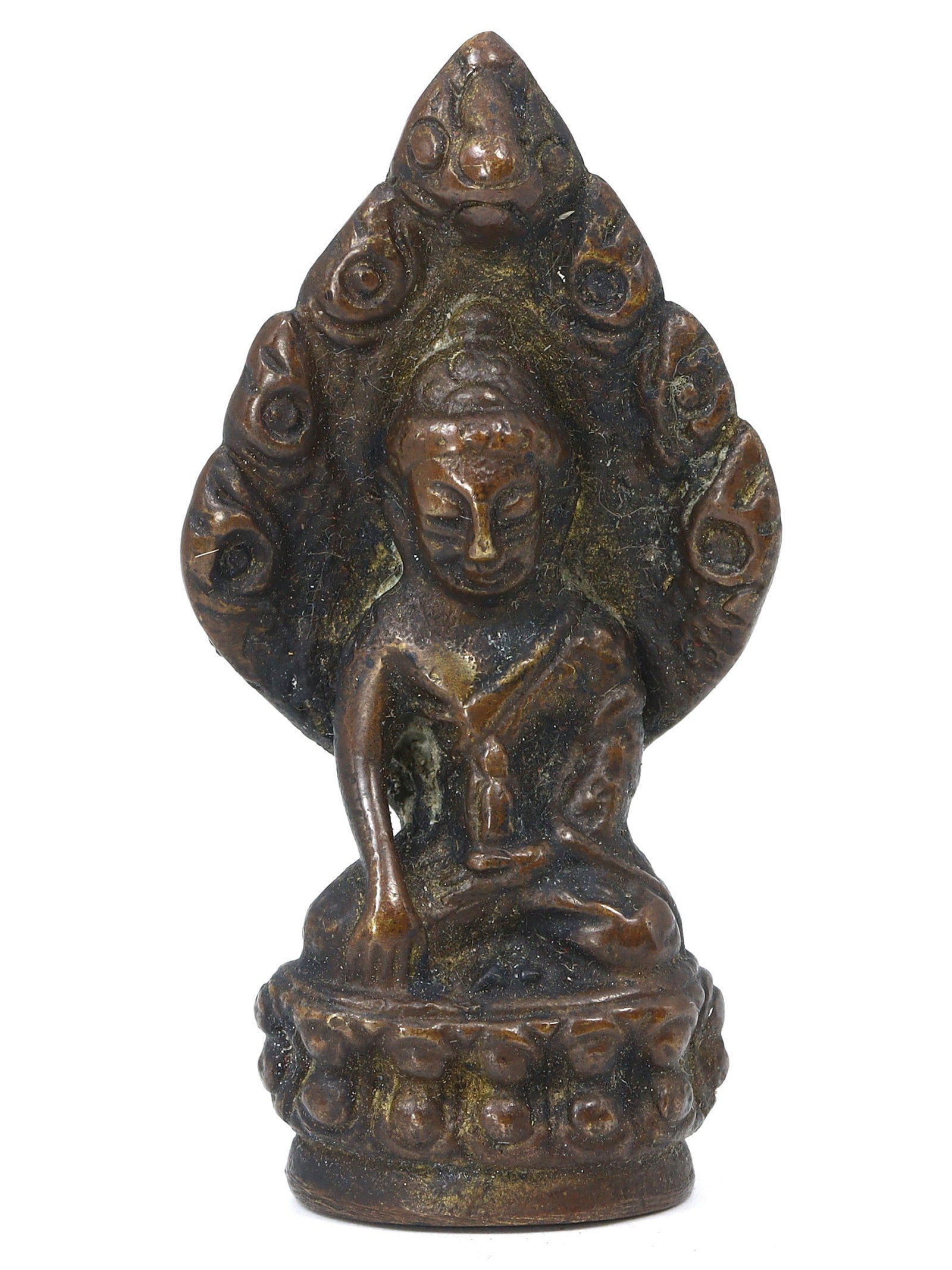 An Ancient Southeast Asian Bronze Naga Buddha, Pre-15th Century: This votive piece, hailing from Southeast Asia and dating to before the 15th century, depicts the Buddha in a state of meditation, safeguarded by the naga's hood. The naga, a revered serpent deity, is