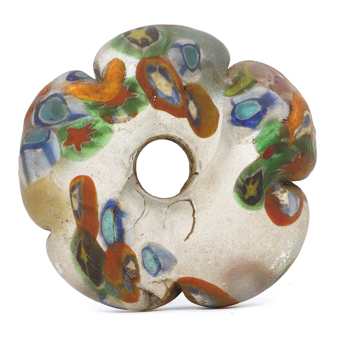 An Antique Millifiori Glass Bead from the Venetian Trade Era, 17th - 18th Century AC: This exquisite antique millifiori glass bead, with its complex floral patterns, is a testament to the Venetian trade era's masterful glasswork. Each segment of color is a window into the rich history 