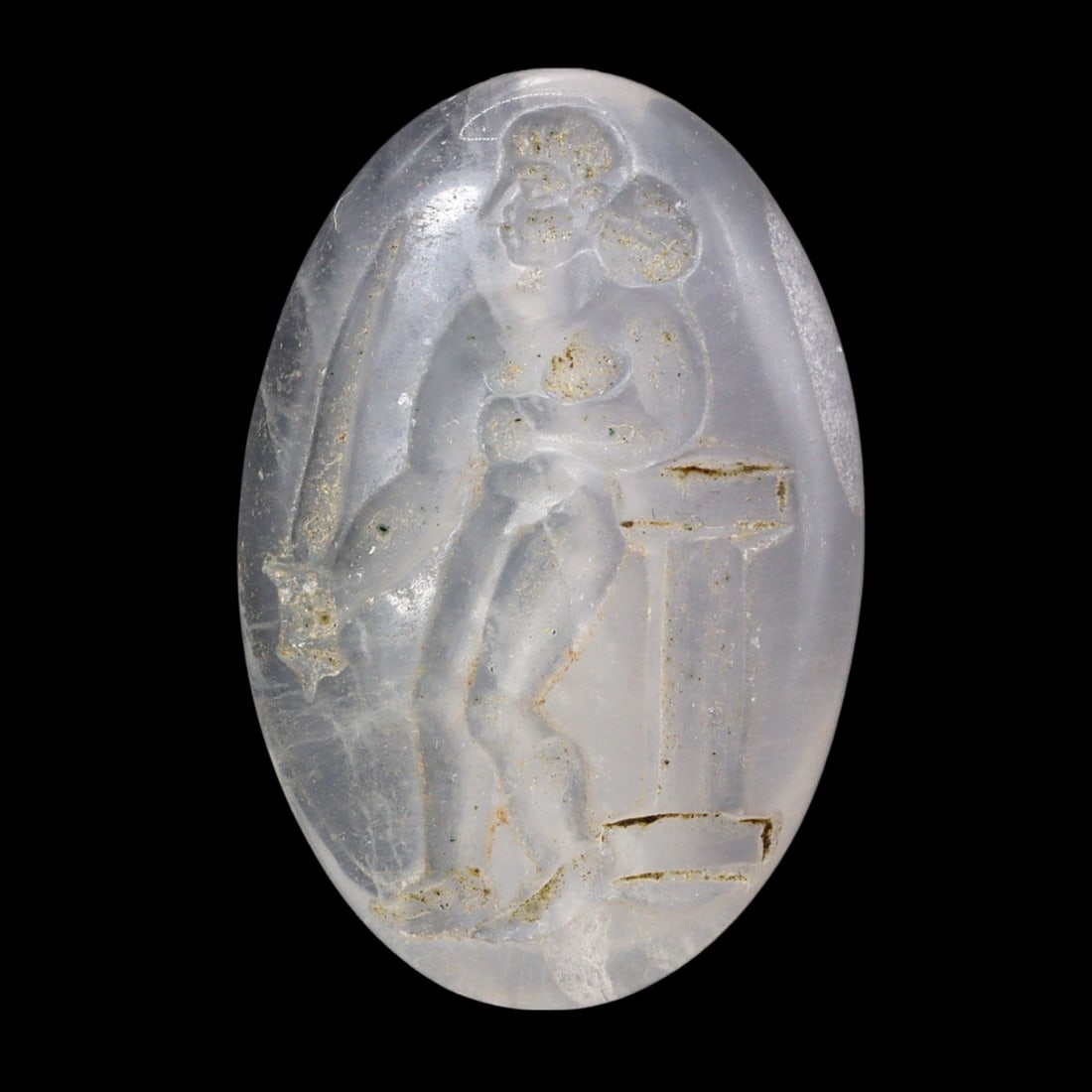 An Ancient Sasanian Amethyst Stamp Seal, c. 224–651 CE: This Sasanian amethyst stamp seal, carved with the image of a figure, is an exquisite example of the intricate artistry of the Sasanian Empire. The use of amethyst, a stone prized for its beauty and b