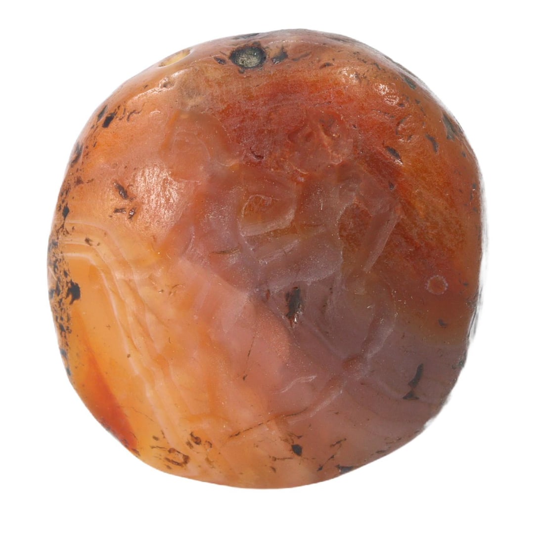 Ancient Achaemenid Carnelian Stamp Seal with Equestrian Motif, c. 550-330 BCE: From the expanse of the ancient Achaemenid Empire emerges this striking carnelian stamp seal. Depicting a dynamic equestrian scene, this seal encapsulates the prestige of horseback riding in the Achae