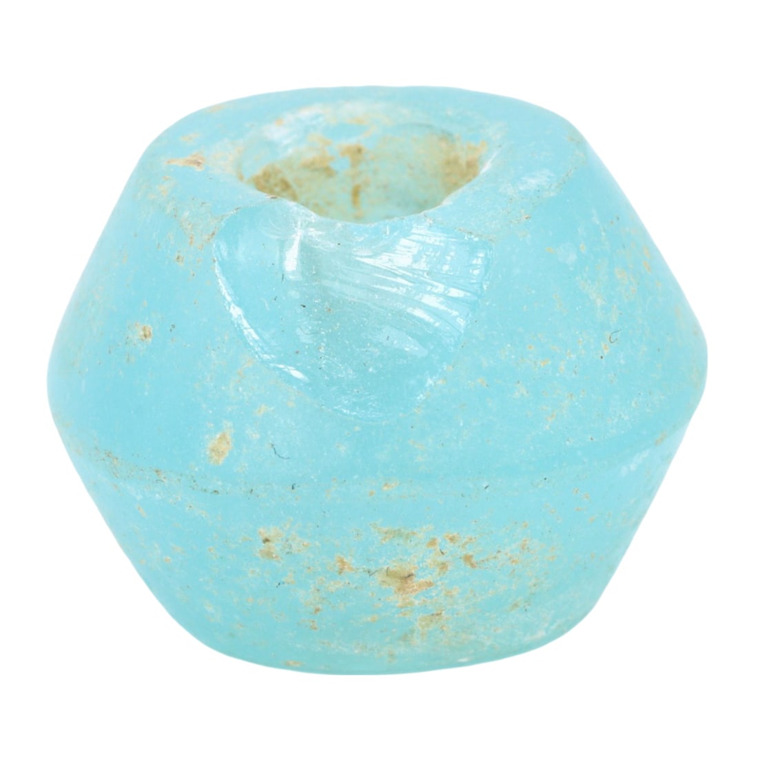 Antique Islamic Period Paraiba-Colored Glass Beads, c. 10th-15th Century: This piece vibrant paraiba-colored glass bead, measuring approximately 2 cm, likely originates from the Islamic period, spanning from the 10th to the 15th century. The distinct color and faceted shape
