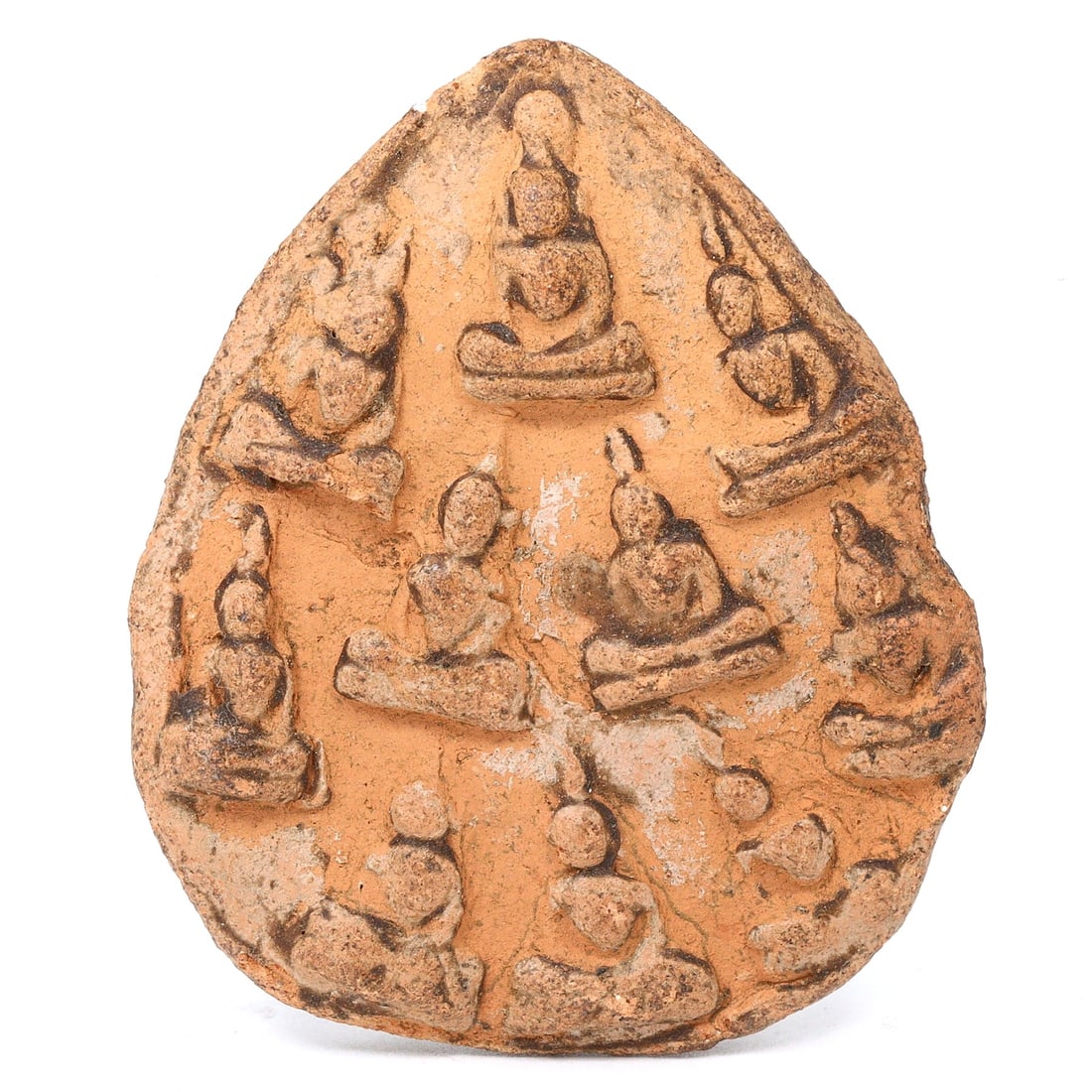 An Ancient Southeast Asian Terracotta Votive Plaque, Pre-15th Century: Featuring an array of meditating figures, this terracotta votive plaque dates back to the pre-15th century, crafted in Southeast Asia. Such plaques were integral in personal and communal worship pract