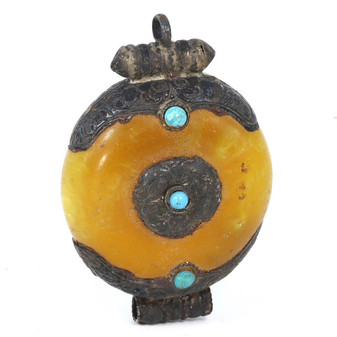 Vintage Himalayan Tibetan Pressed Amber Pendant, Modern Era: This stunning pendant, originating from the Himalayan Tibetan region, is crafted from pressed amber, encapsulating vibrant red and yellow inclusions that create a mesmerizing visual effect. The silver