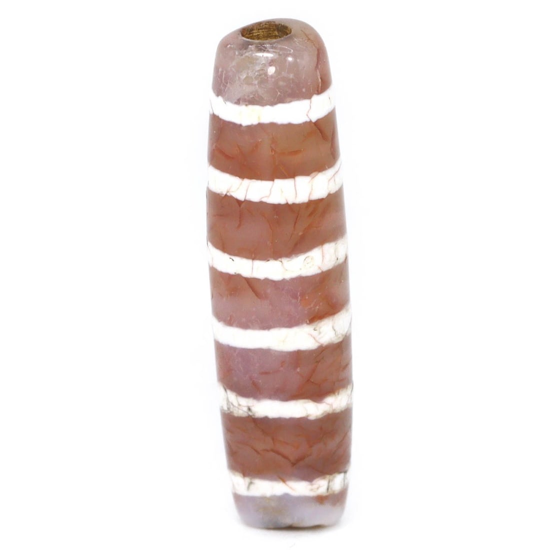An Antique Tibetan Etched Carnelian Dzi Bead with Six Stripes, Qing Dynasty: This Tibetan Dzi bead, intricately etched from carnelian, features six white stripes against a rich, reddish-brown background. Known for their protective qualities and spiritual significance in Tibeta