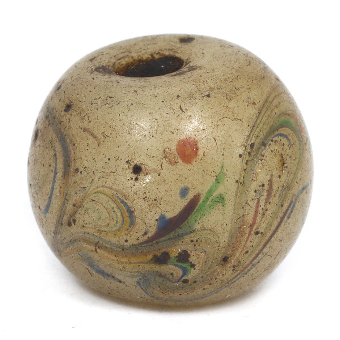Antique Oriental Japanese Meiji Era Glass Bead, Circa Late 19th Century: Exquisite single Japanese glass bead from the Meiji era, measuring 1.4 x 1.2 cm. This bead features an intricate design with swirls of multicolored patterns encapsulated within a sandy, speckled backg