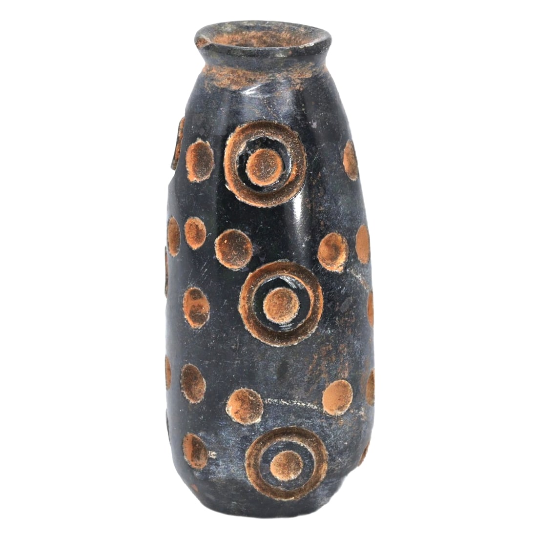 Silk Road Hematite Hair Pin Container, c. 1st-4th Century CE: Category: Ornaments and Dress Accessories This unique hematite container from the Silk Road era was likely used to store hair pins, a luxury item among the elites of ancient societies. The dotted circ