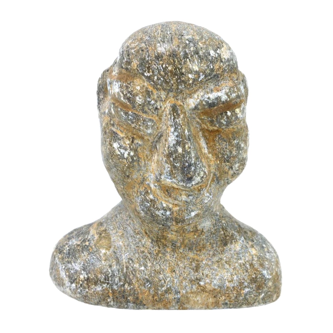 An Ancient Near Eastern Steatite Bust Head Carving, Neo-Sumerian Period (Ur III), c. 2112-2004 BCE: This steatite bust head carving from the Neo-Sumerian period (Ur III) exemplifies the artistry of the era, focusing on detailed human features which may represent a deity or a high-ranking individual.
