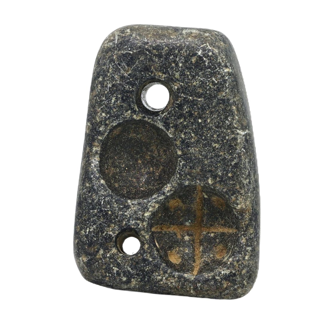 An Ancient Near Eastern Steatite Amulet, Neo-Sumerian Period (Ur III), c. 2112-2004 BCE: This carved steatite amulet from the Neo-Sumerian period is adorned with a cross motif, possibly indicating a cosmological or religious significance. Amulets like this were essential for personal prot