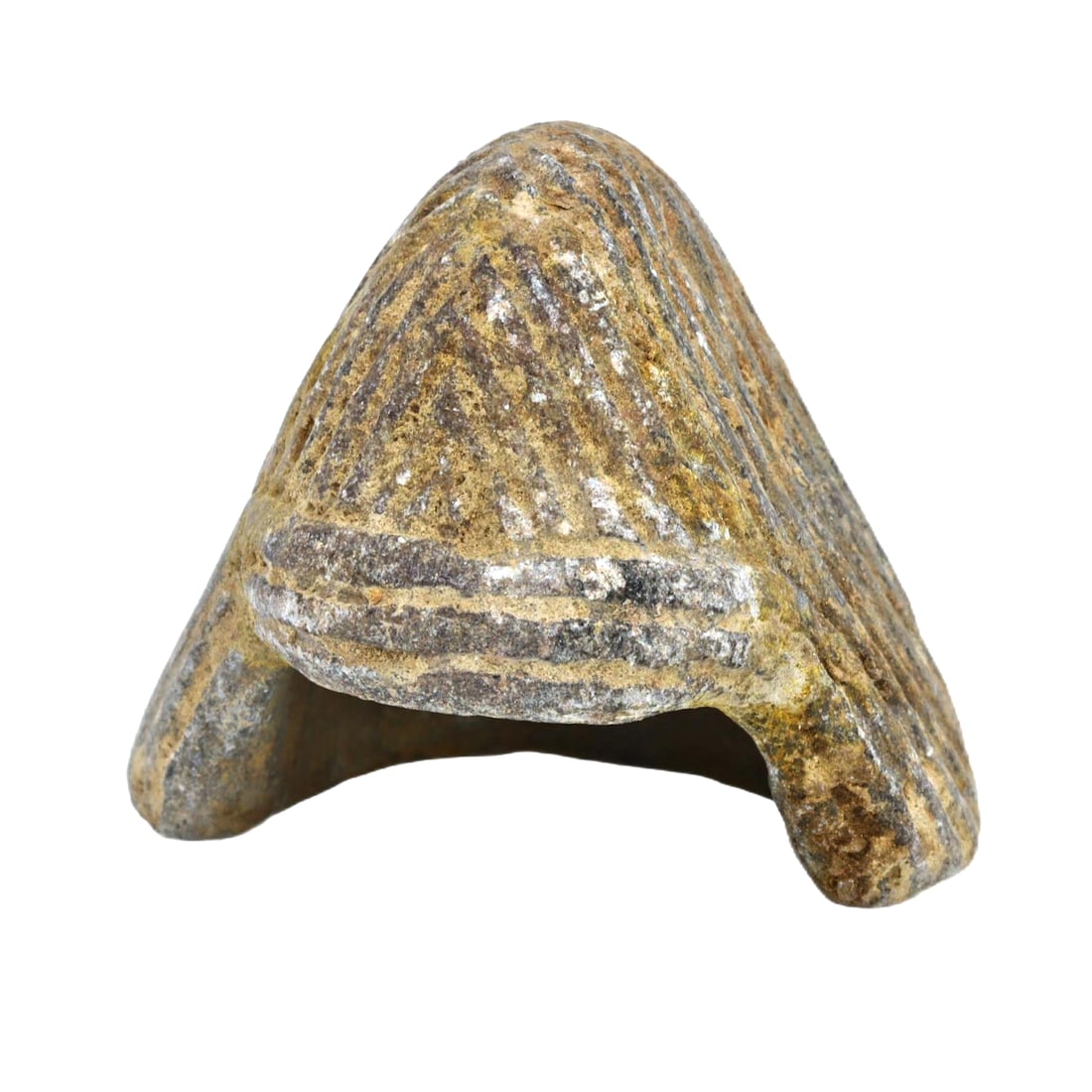 A Bactrian Margiana Idol's Steatite Hat, c. 2200-1700 BCE: Category: Inlays and Decorative Elements This fragmentary steatite hat from a Bactrian Margiana idol reveals the complex artistic and cultural expressions of the Bronze Age societies in Central Asia. 