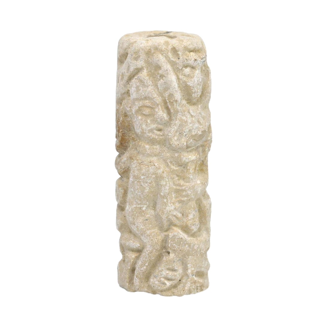 An Ancient Byzantine Alabaster Cylinder Seal, c. 330-1453 CE: Category: Cylinder Seals This beautifully carved alabaster cylinder seal from the Byzantine period features intricate religious motifs, possibly used to secure documents and assert divine protection o