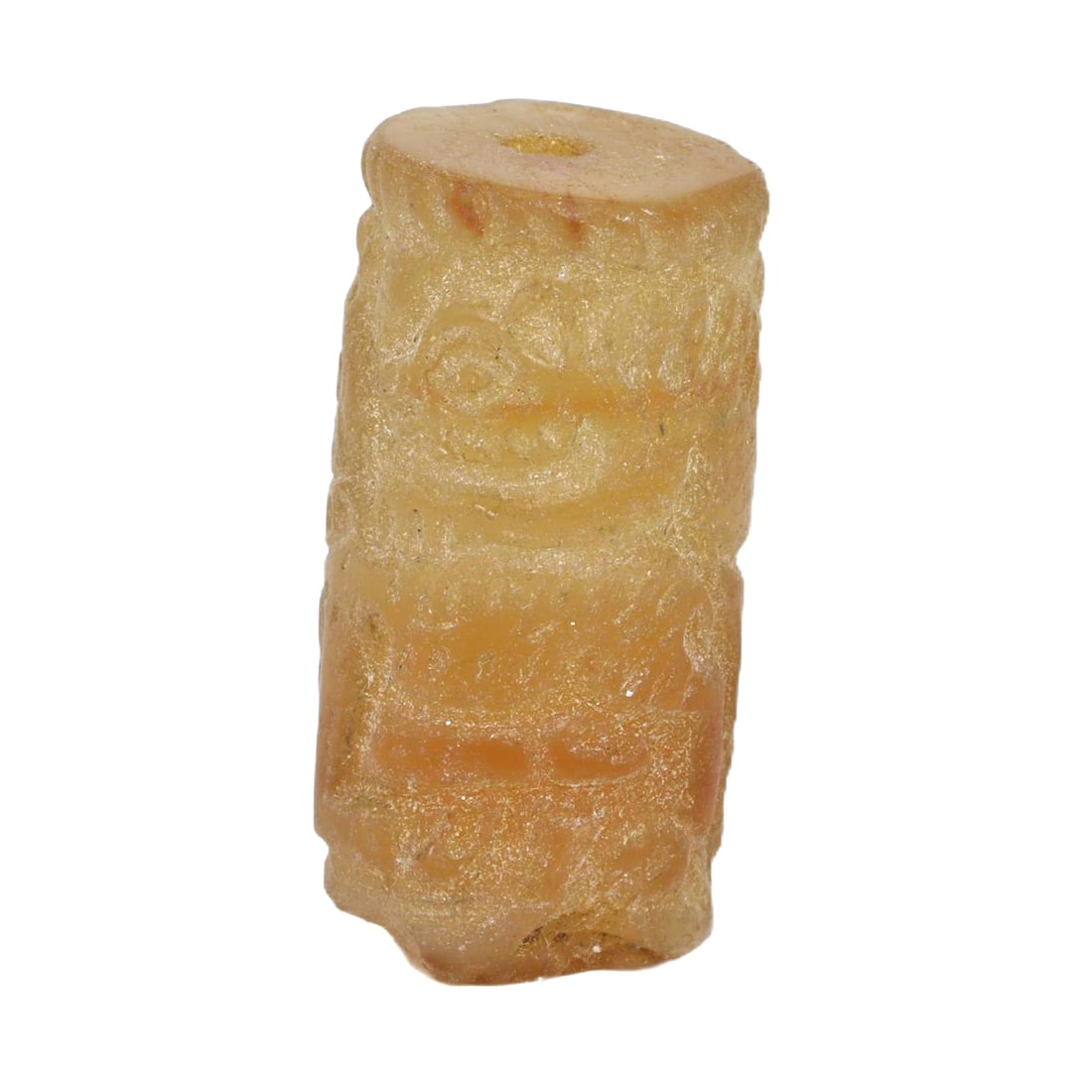 A Byzantine-Islamic Chalcedony Cylinder Seal, ca. 8th-10th Century CE: Category: Cylinder Seals and Impressions This cylinder seal is a fine example of the cultural synthesis between Byzantine and Islamic art forms. Carved from chalcedony, it bears intricate motifs that 
