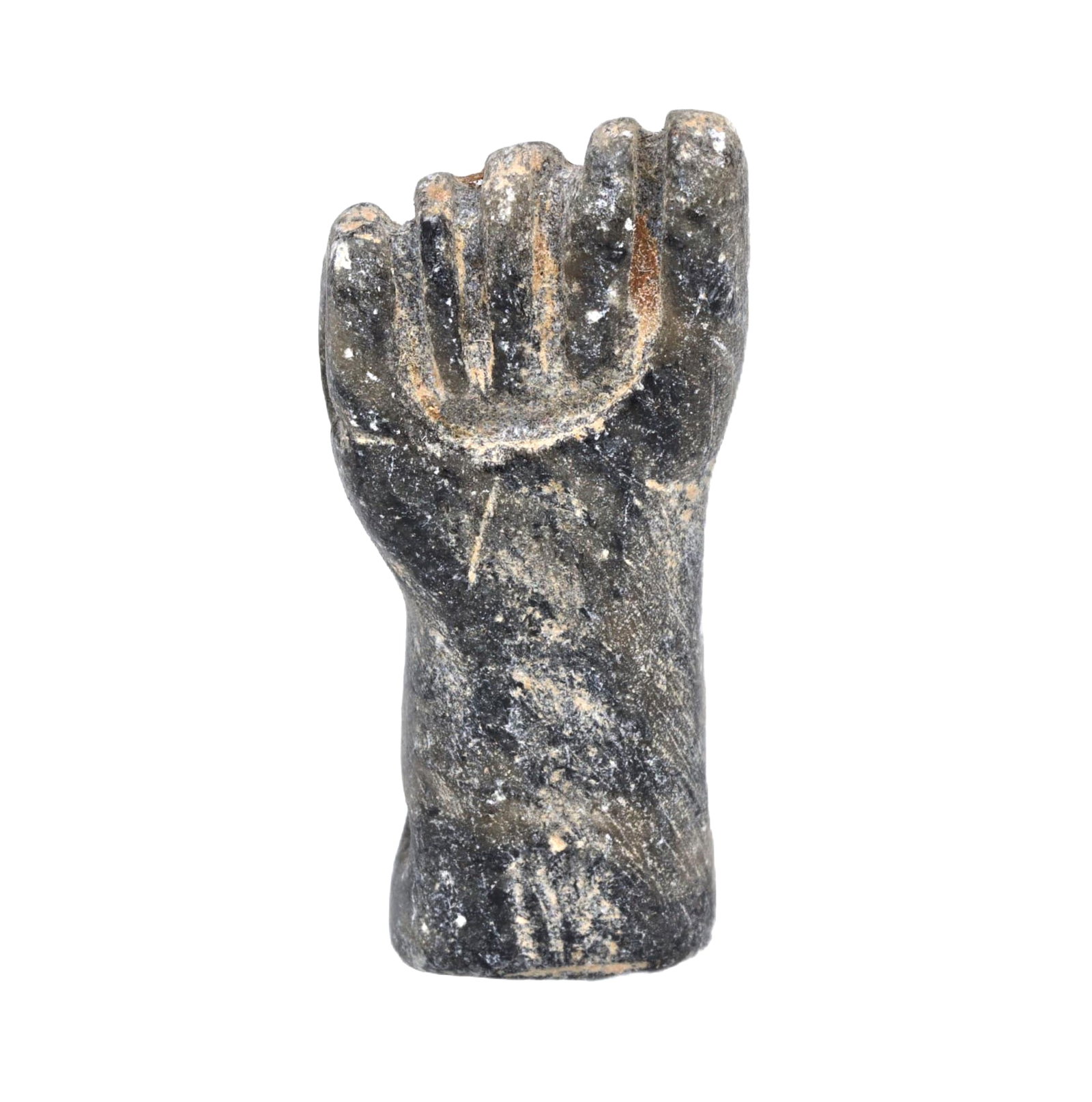 An Ancient Egyptian Late Bronze Age Steatite Fist Amulet, c. 1500-1300 BCE: This steatite fist amulet from ancient Egypt dates back to the Late Bronze Age, specifically between 1500 and 1300 BCE. Amulets of this form were believed to imbue the bearer with strength and protect