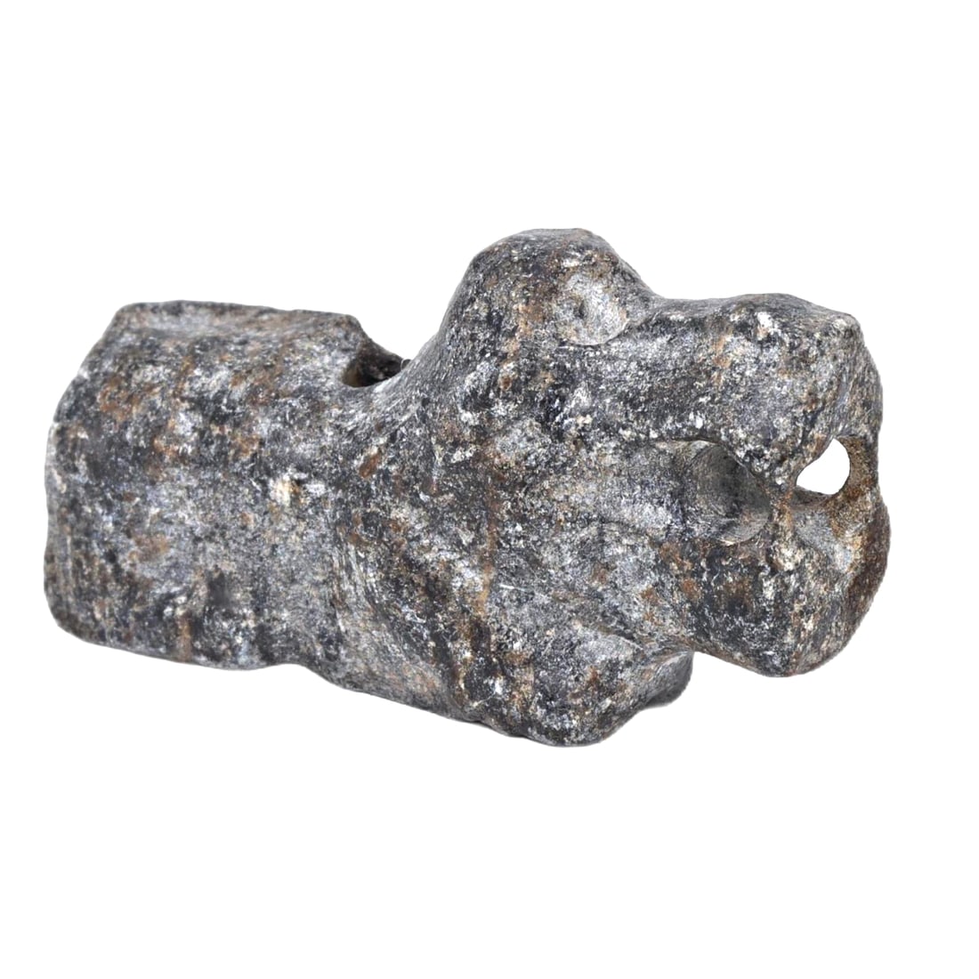 An Ancient Achaemenid Empire Steatite Zoomorphic Lion Figurine, c. 550–330 BCE: This steatite zoomorphic figurine, originating from the Achaemenid Empire era between 550 and 330 BCE, showcases the refined artistic styles that flourished under Persian rule. Its design suggests it 