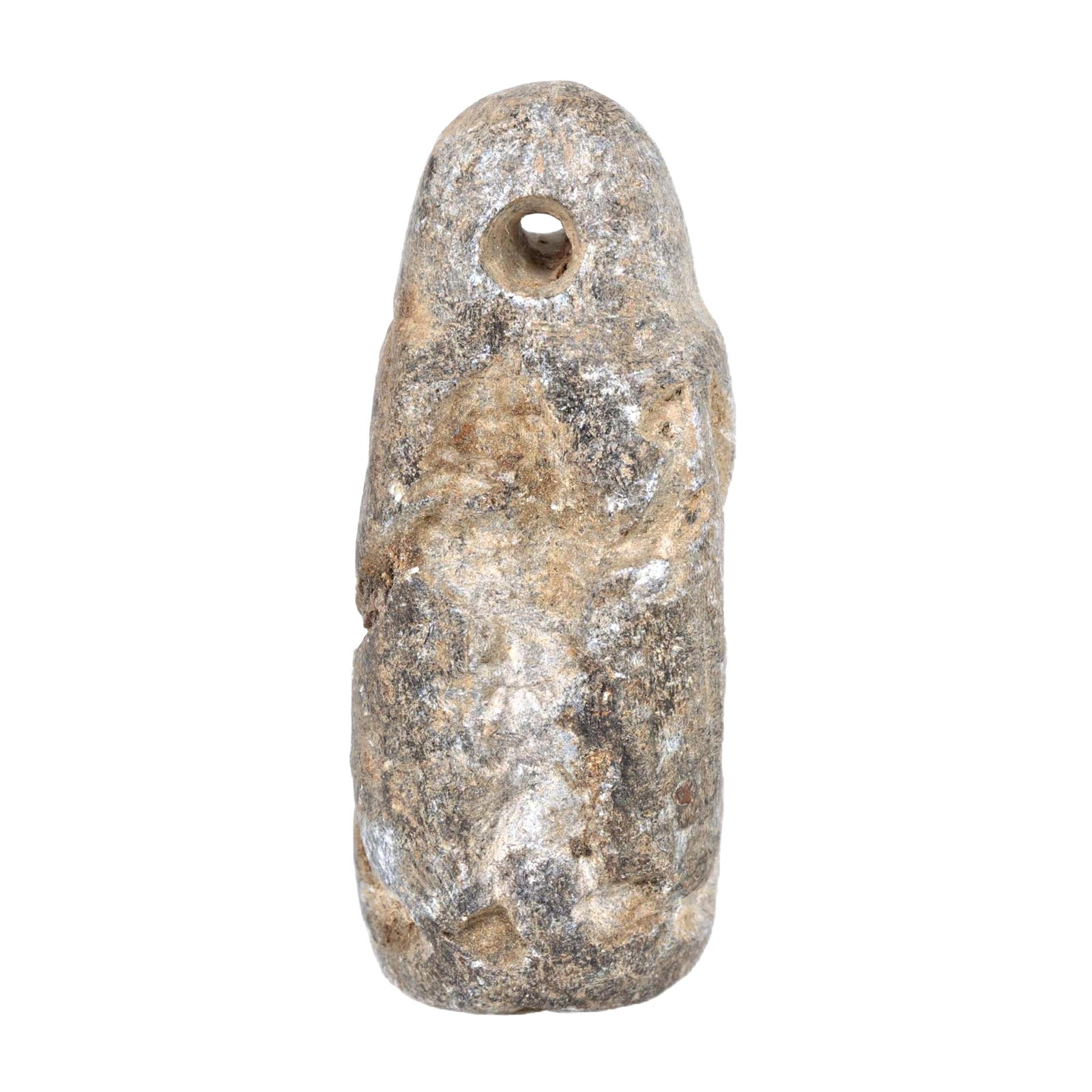An Ancient Steatite Funeral Amulet Stamp Seal, Early Dynastic Period, c. 2900-2334 BCE: This steatite funeral amulet from the Early Dynastic Period of Mesopotamia exhibits primitive religious iconography, suggesting its use in burial rites. Steatite, valued for its durability and ease of