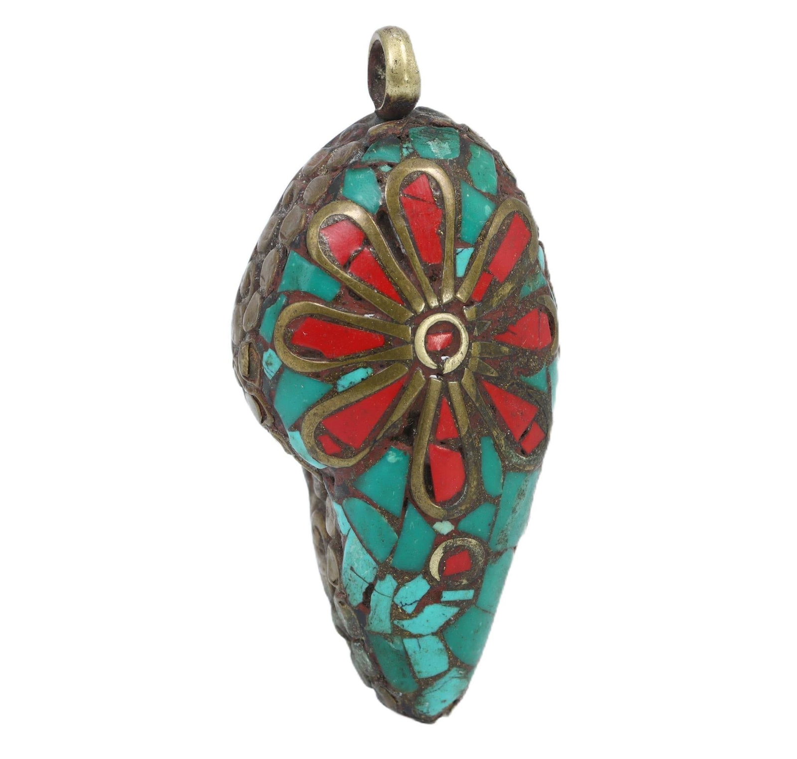 A Vintage Tibetan Agate and Metal Locket Amulet, c. 20th Century: Category: Pendants and Figurines This ornately decorated Tibetan locket amulet encapsulates the vibrant aesthetic of traditional Tibetan art. It features a bold agate stone inlaid with turquoise and c