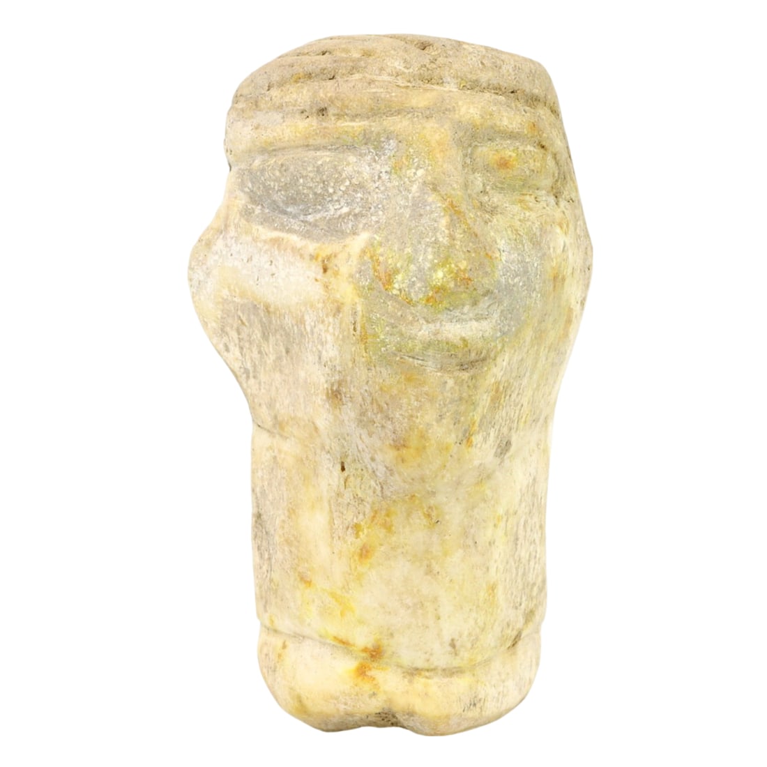 An Ancient Mesopotamian Whale Bone Carved Head, Early Dynastic Period, c. 2900-2350 BCE: This carved head, made from whale bone, originates from the Early Dynastic Period of Mesopotamia, dating back to circa 2900-2350 BCE. The artifact showcases the skill and artistic expression of the er