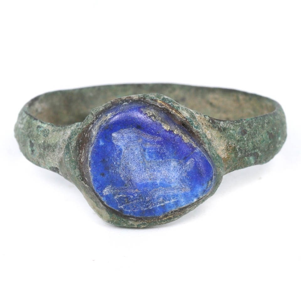 An Ancient Sasanian Bronze and Lapis Lazuli Signet Ring, c. 224-651 CE (1 of 2)