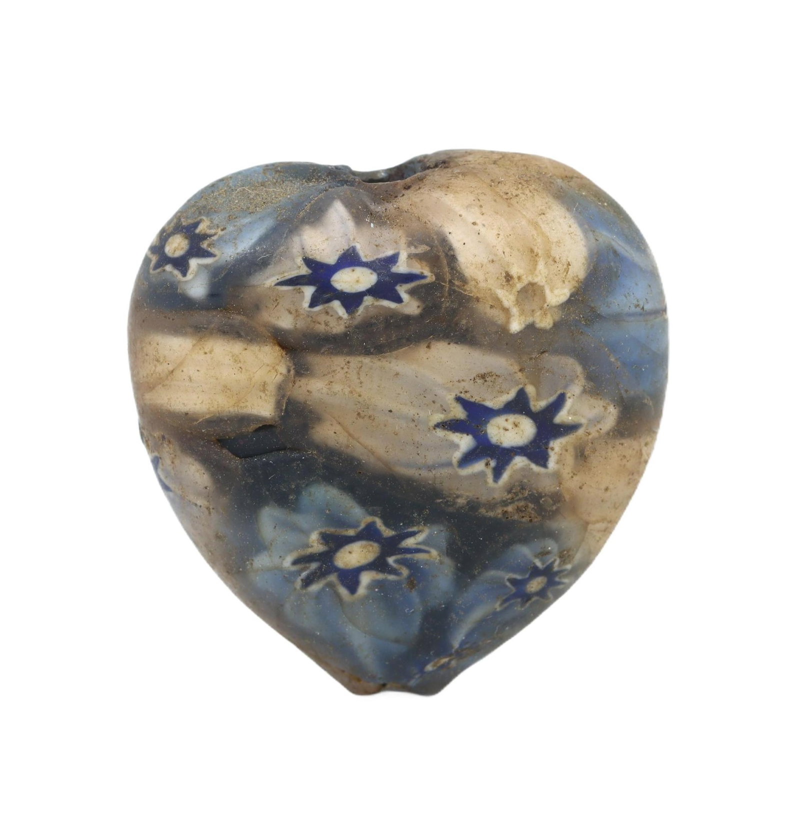 An Antique Victorian Millefiori Glass Pendant Locket, c. 1850-1900: This heart-shaped pendant locket, made from cobalt, indigo, and blue millefiori glass. Dating back to the Victorian period (c. 1850-1900), it exemplifies the exquisite craftsmanship and intricate glas
