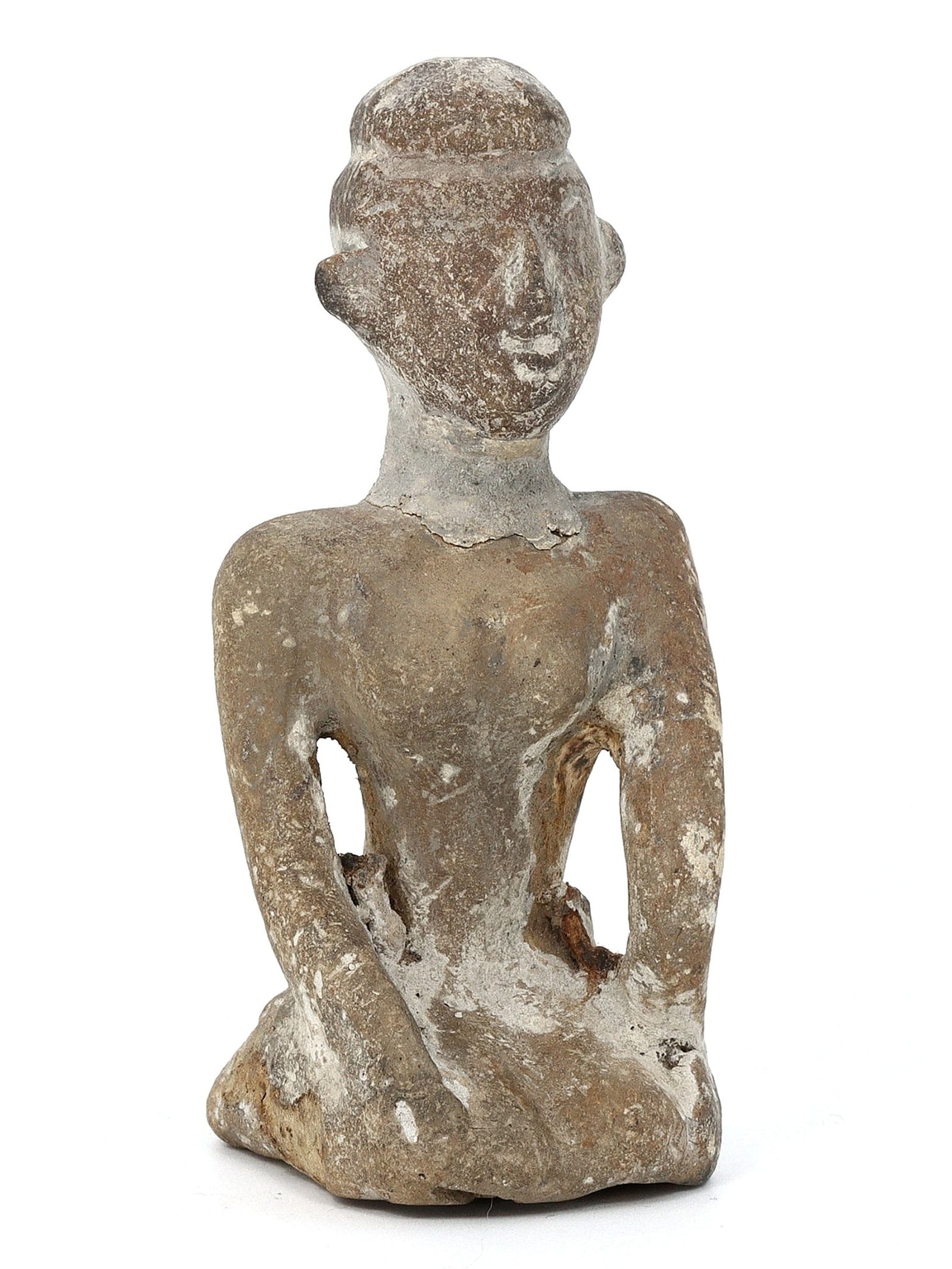 Antique Thai Terracotta Votive Mother Idol, Circa 13th-15th Century CE: This Thai terracotta votive idol, approximately 3.15 by 1.57 inches (8 x 4 cm), is a sculptural representation of a mother, evoking the timeless maternal symbol. The piece likely dates from the 13th t