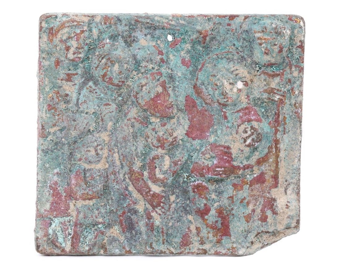 Ancient Byzantine Bronze Christian Iconographic Plaque, c. 4th-7th Century CE: Category: Religious & Spiritual Objects / Christian Collectibles This bronze plaque from the Byzantine era features early Christian iconography, depicting scenes likely used for devotional purposes. T