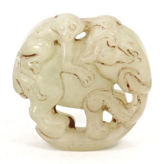 An Intricate Chinese White Jade Carving of Monkey on Elephant, Antique or Contemporary (1 of 3)