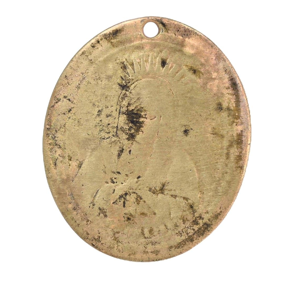 An Ancient Byzantine Bronze Medallion with Religious Iconography, c. 6th-8th Century CE: Category: Pendants and Figurines This ancient Byzantine medallion features a faint, worn depiction of a religious figure, possibly a saint or an early Christian symbol. Such artifacts were often used 