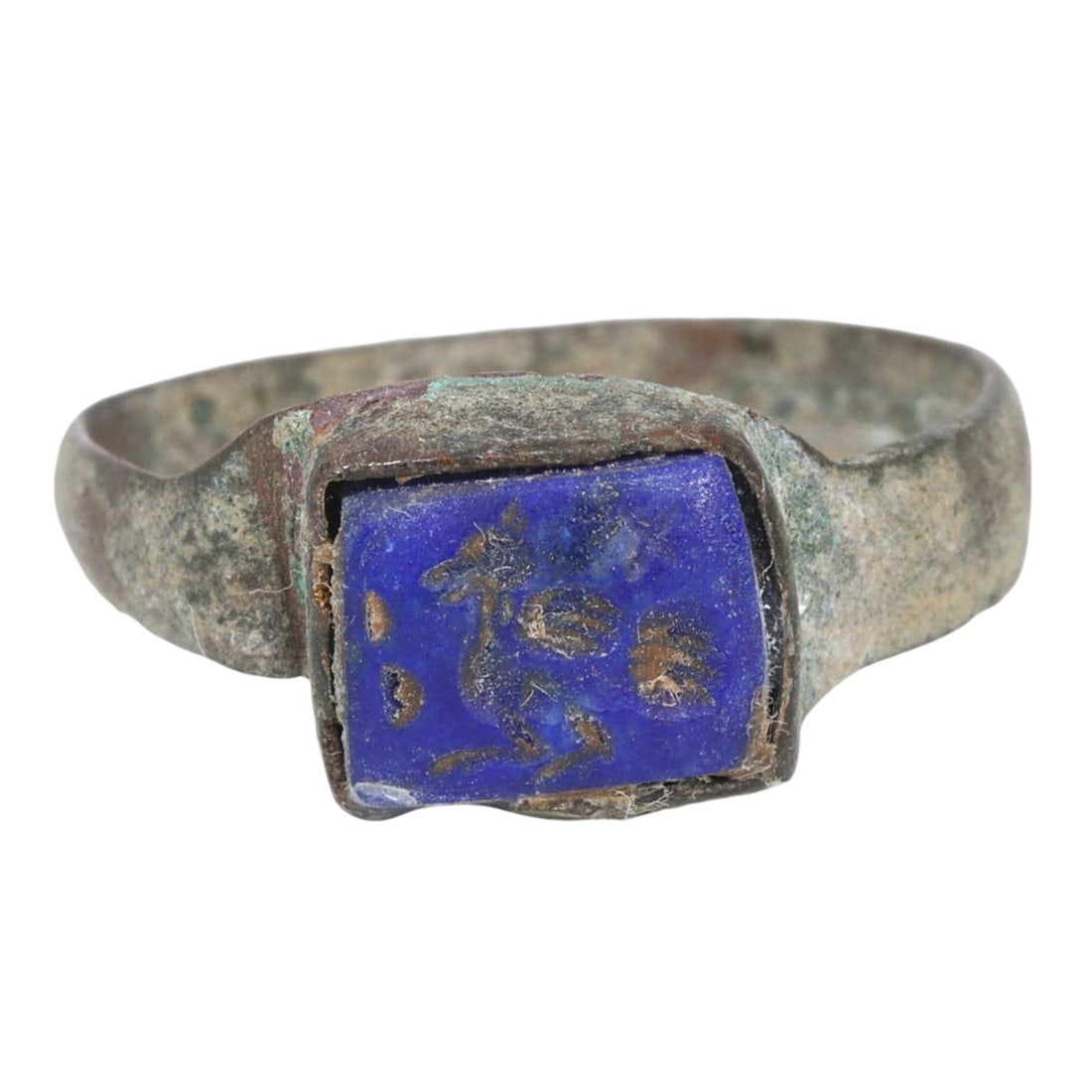An Ancient Sasanian Bronze Ring with Lapis Lazuli Stamp Seal, c. 224-651 AD: This exquisite ring with a stamp seal, made from cobalt and indigo lapis lazuli set in bronze. Dating back to the Sasanian Period (c. 224-651 AD), it exemplifies the intricate craftsmanship and cultur