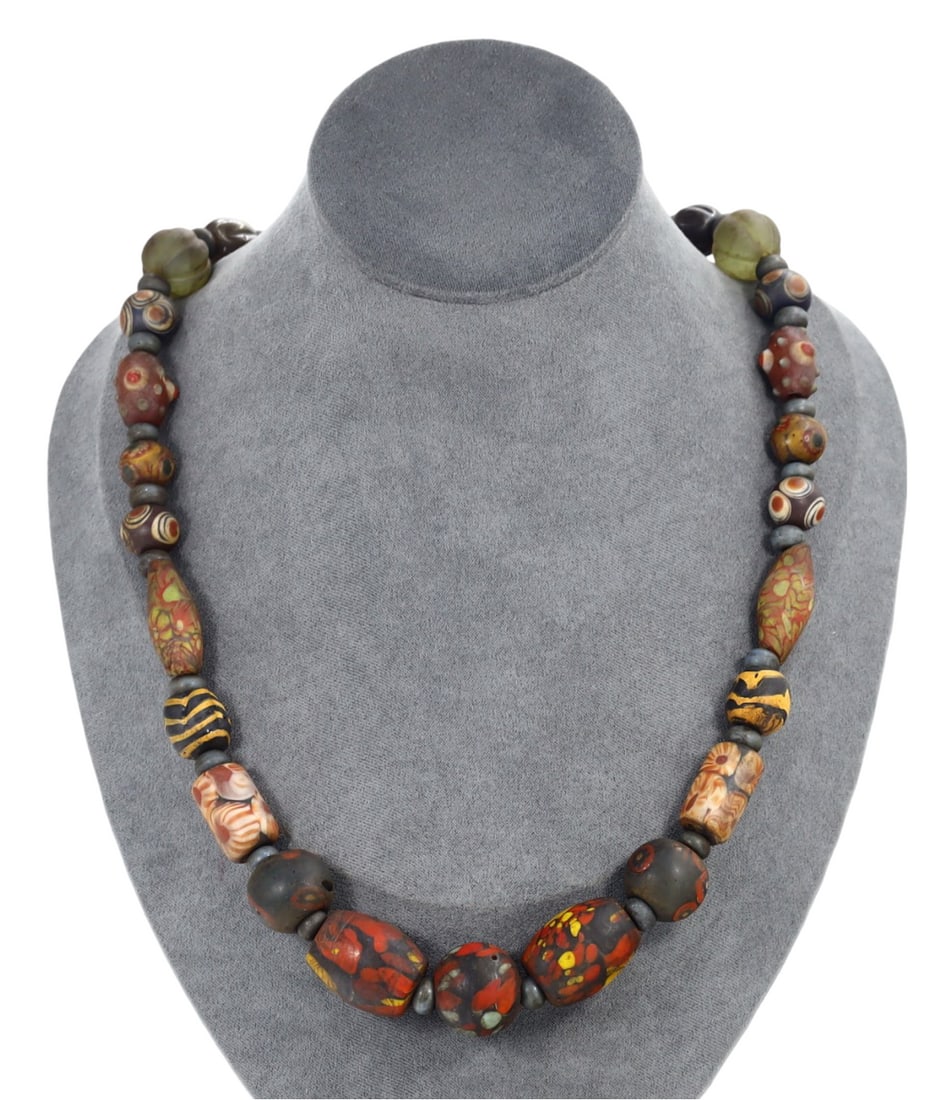 Collection of Antique Renaissance Chevron, Murano Wound Glass Mixed Pattern Beads Necklace, c. (1 of 1)